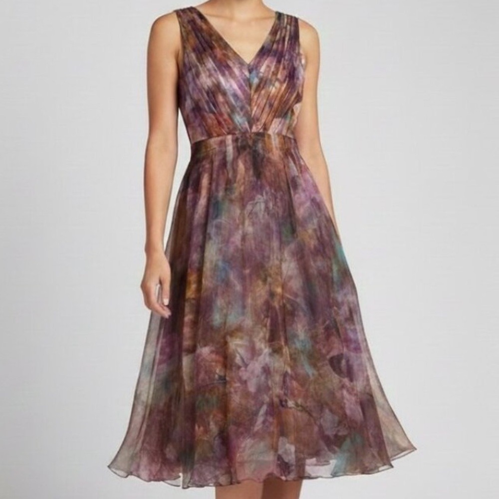 THEIA Watercolor Floral Organza Midi Dress Tea Length Wedding Guest Size 4 NWT